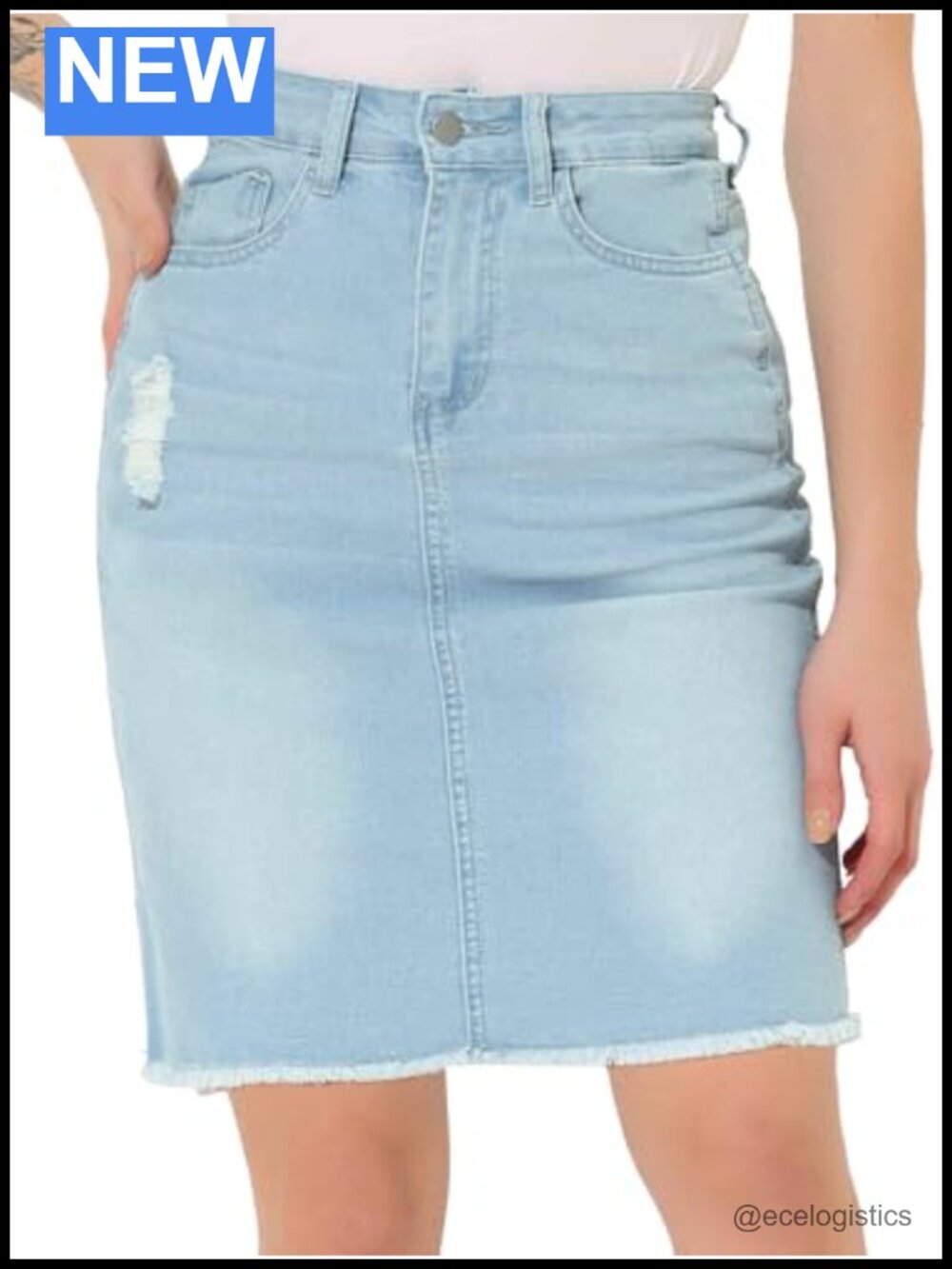 High Waisted Denim Skirt Knee Length Distressed Ripped Jean Skirt